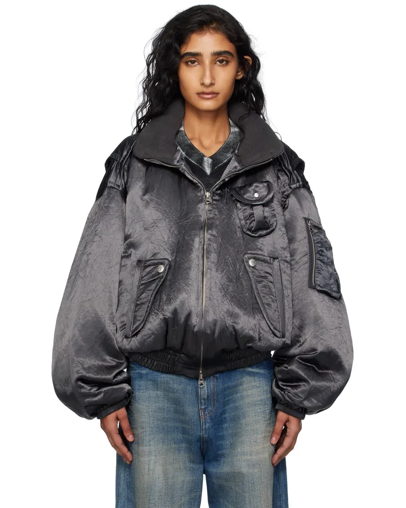 OPEN YY Gray Satin Cargo Bomber Jacket Charcoal