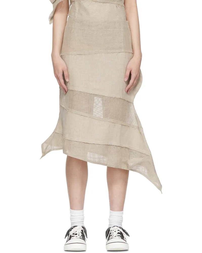 VeniceW Beige Linen Midi Skirt Natural