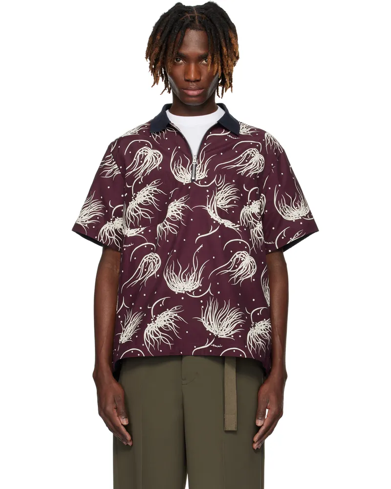 Sacai Burgundy Dot Flower Print Polo 701