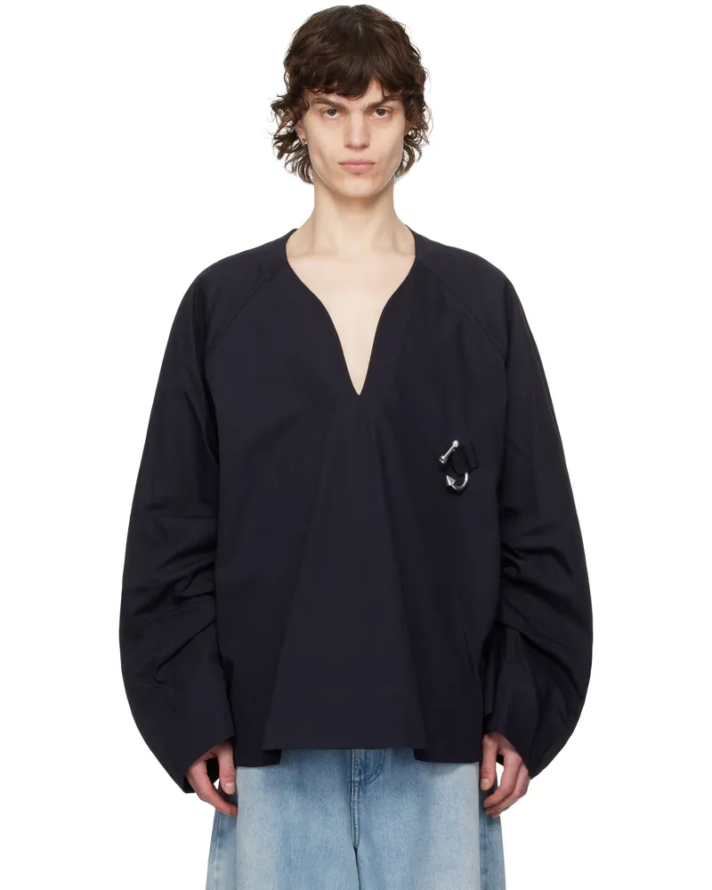J.W.Anderson Navy Oversized V-Neck Gathered Sleeve Sweater 888