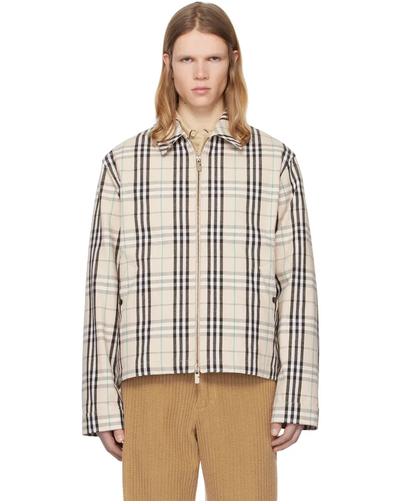 Burberry Beige Check Cotton Harrington Jacket Husk