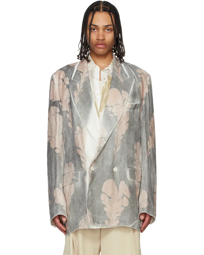 Dries van Noten Gray & White Hand Printed Blazer Dessin