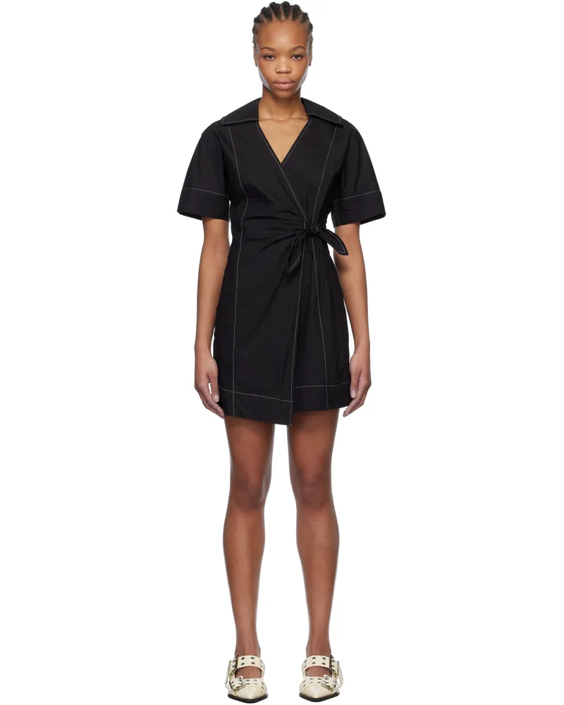 Ganni Black Cotton Poplin Wrap Minidress 099