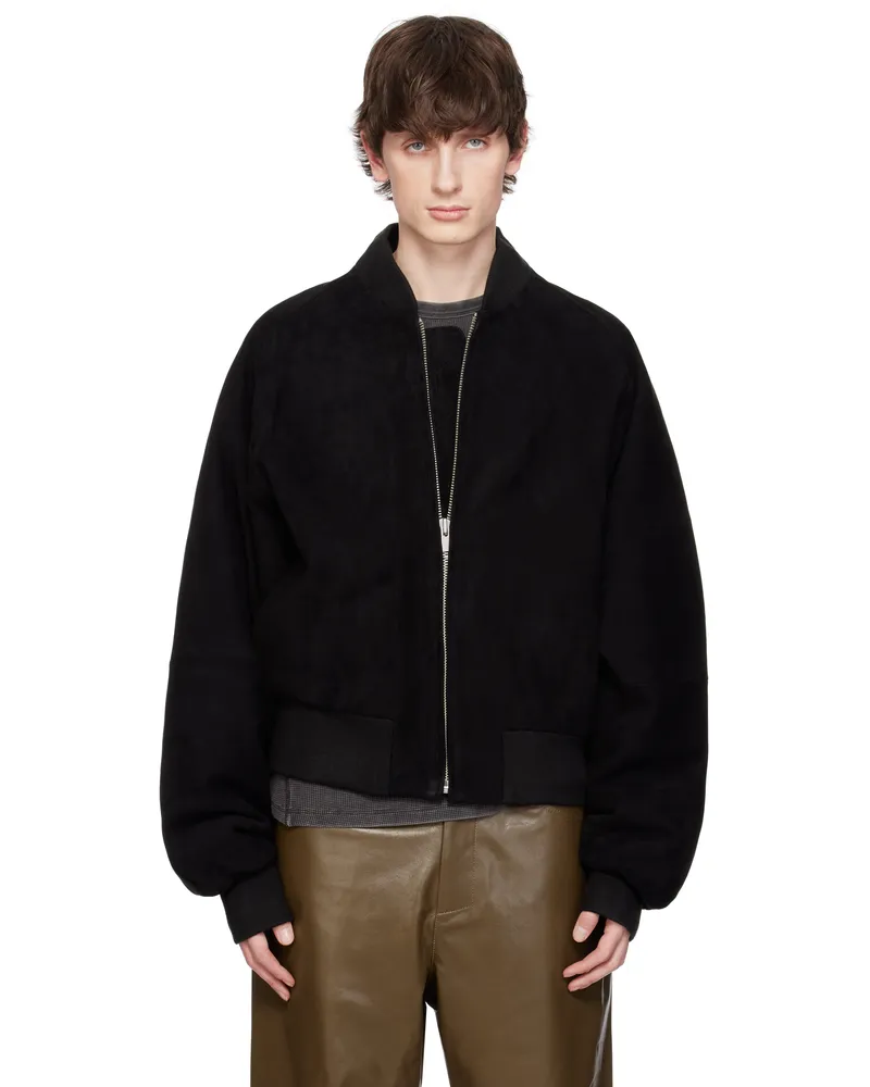 Entire Studios Black Raglan Bomber Leather Jacket Blacksuede