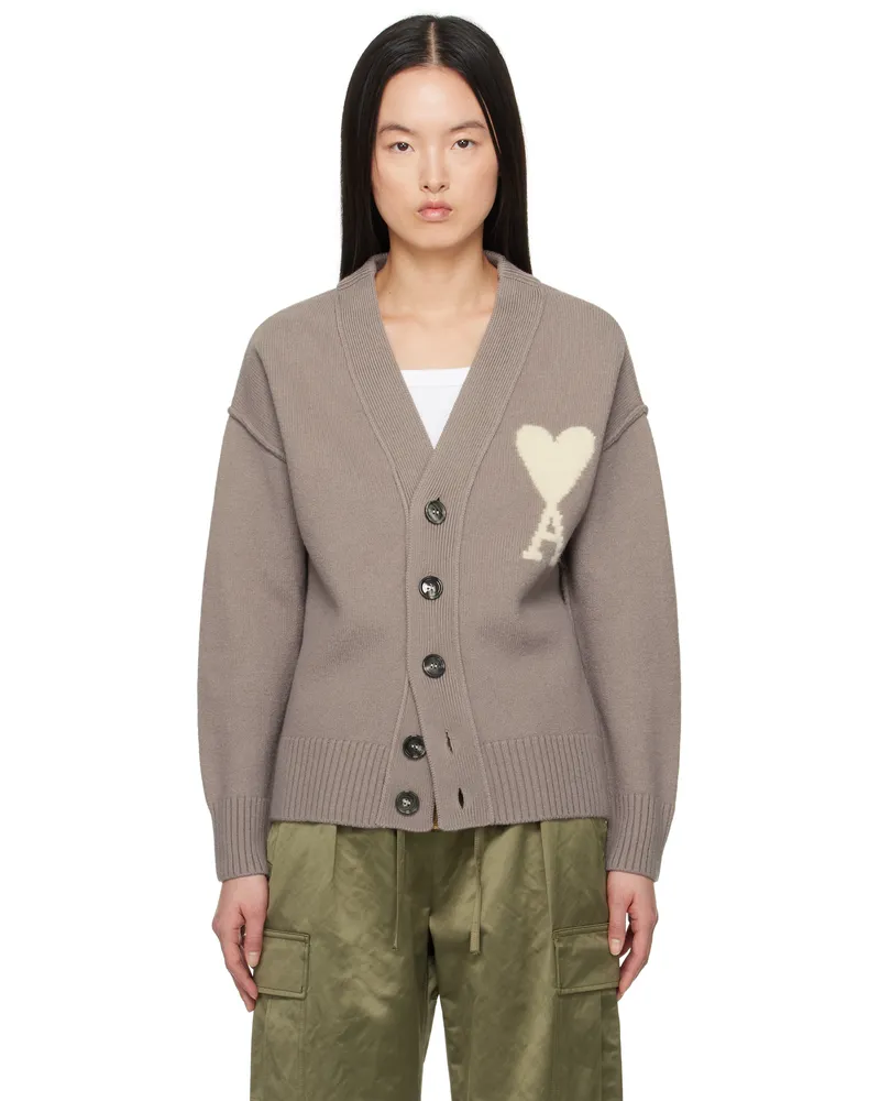 AMI Paris Taupe Wool Ami de Coeur Cardigan Ash
