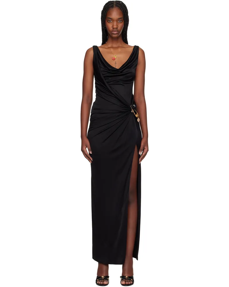 Versace Black Safety Pin Gathered Maxi Dress 1b000-black