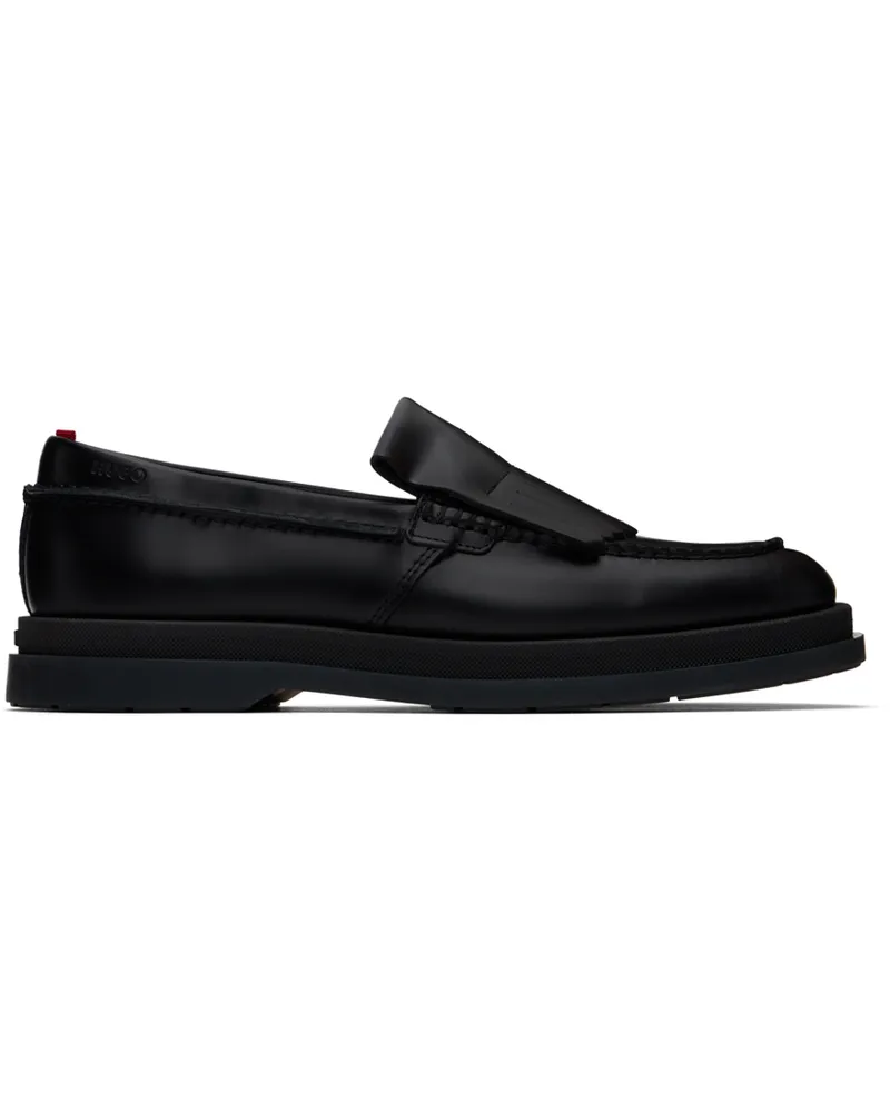HUGO BOSS Black Leather Fringe Trim Loafers 001-black