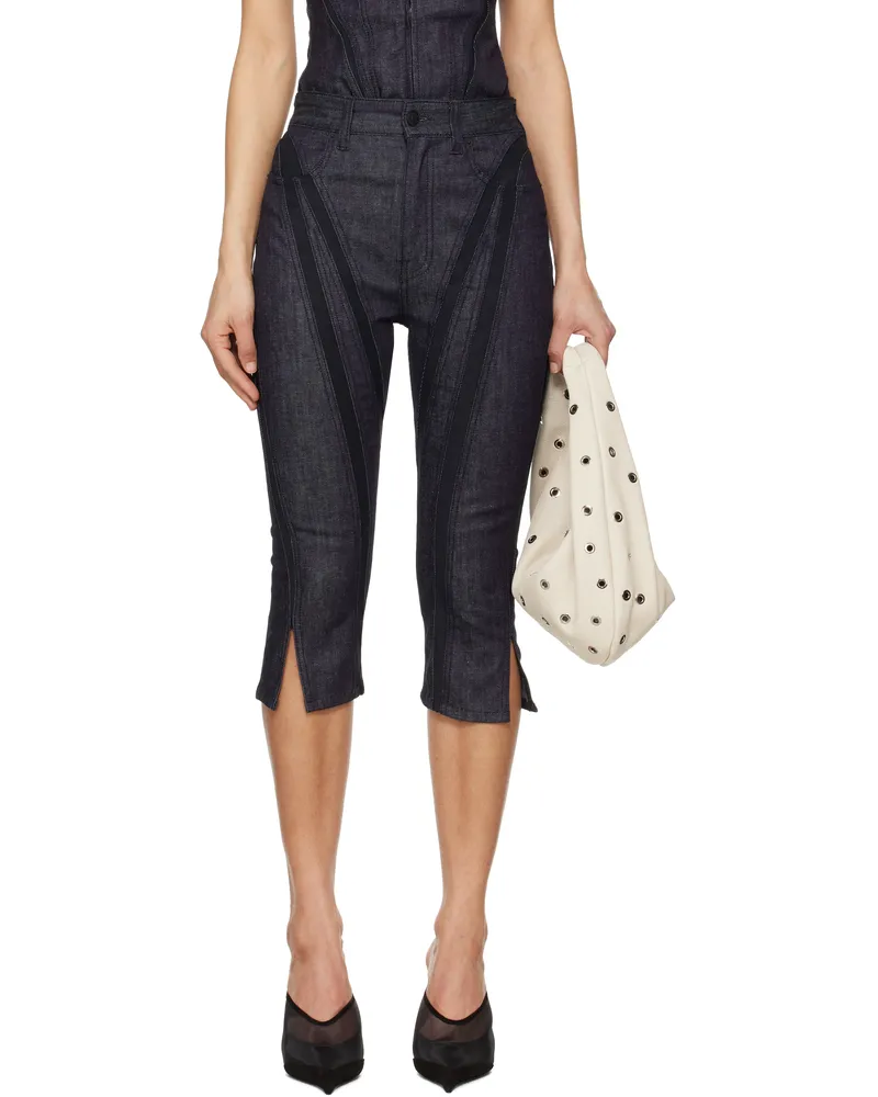 Thierry Mugler Navy Mesh Capri Raw Denim Shorts Rd699