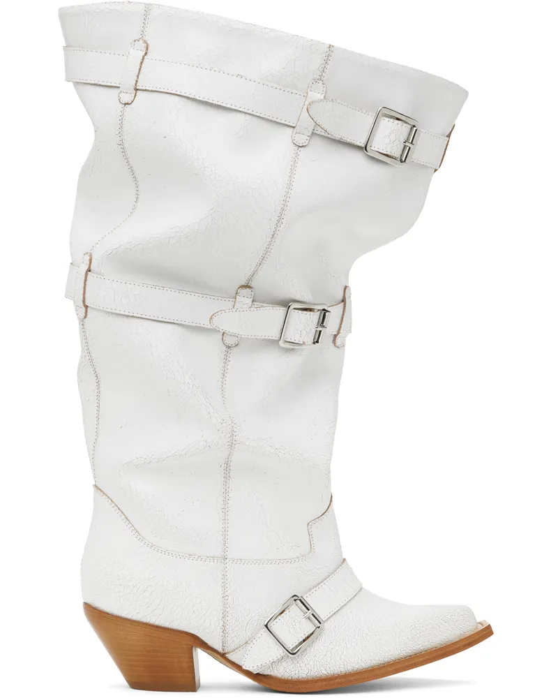 R13 White Buckled-Up Slouch Cowboy Boots Crackle