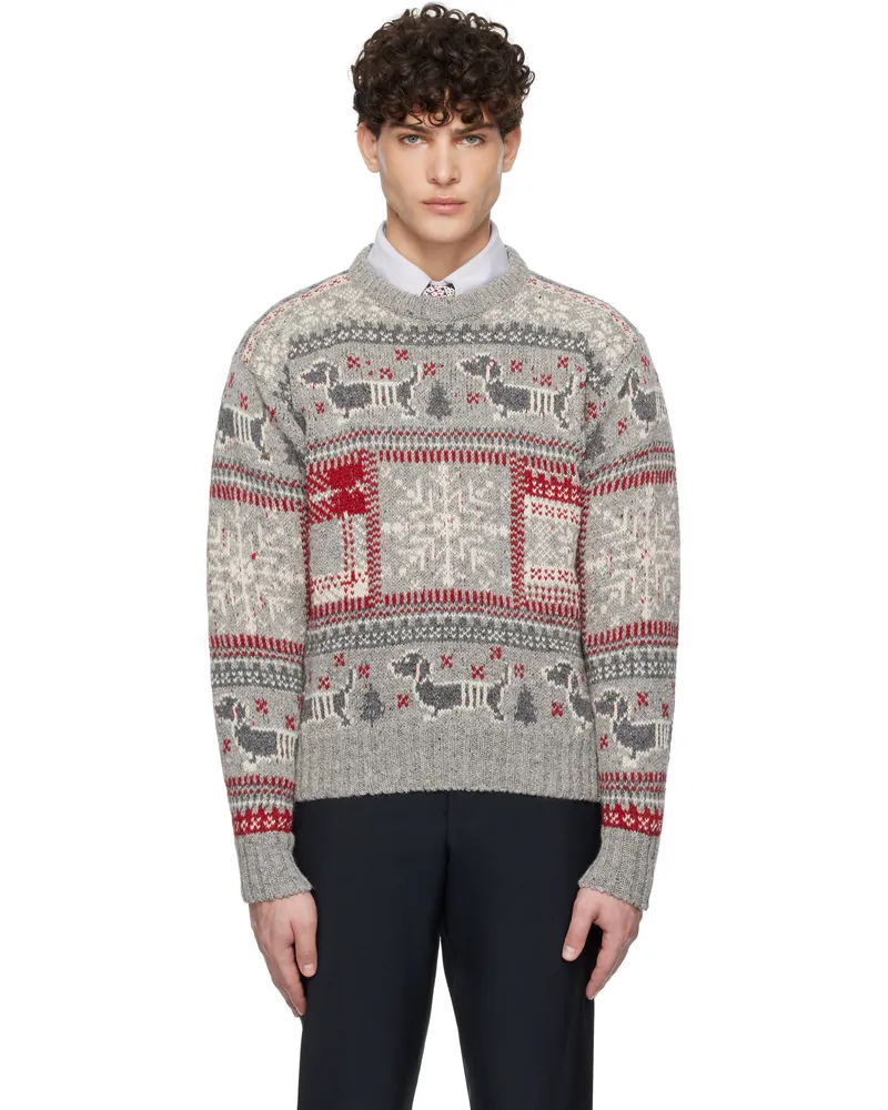 Thom Browne Gray & Red Holiday Hector Mohair Crew Neck Sweater 055