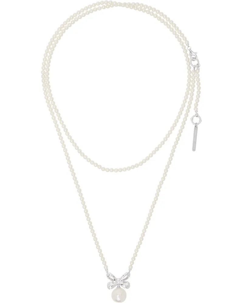 SHUSHU/TONG White & Silver Zirconia Butterfly Flower Pearl Long Necklace White