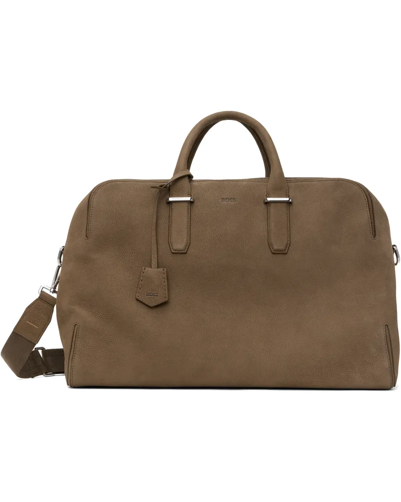 HUGO BOSS Brown Pebble-Grained Leather Duffle Bag 246-open