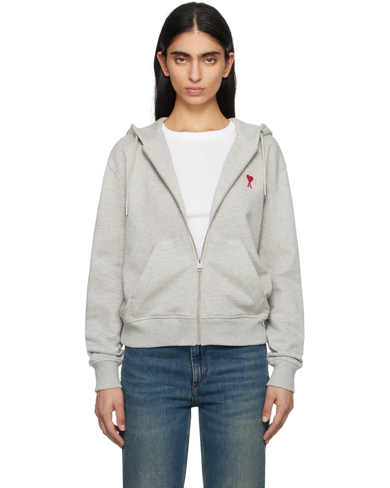 AMI Paris Gray Cotton Ami de Coeur Zipped Hoodie Heather