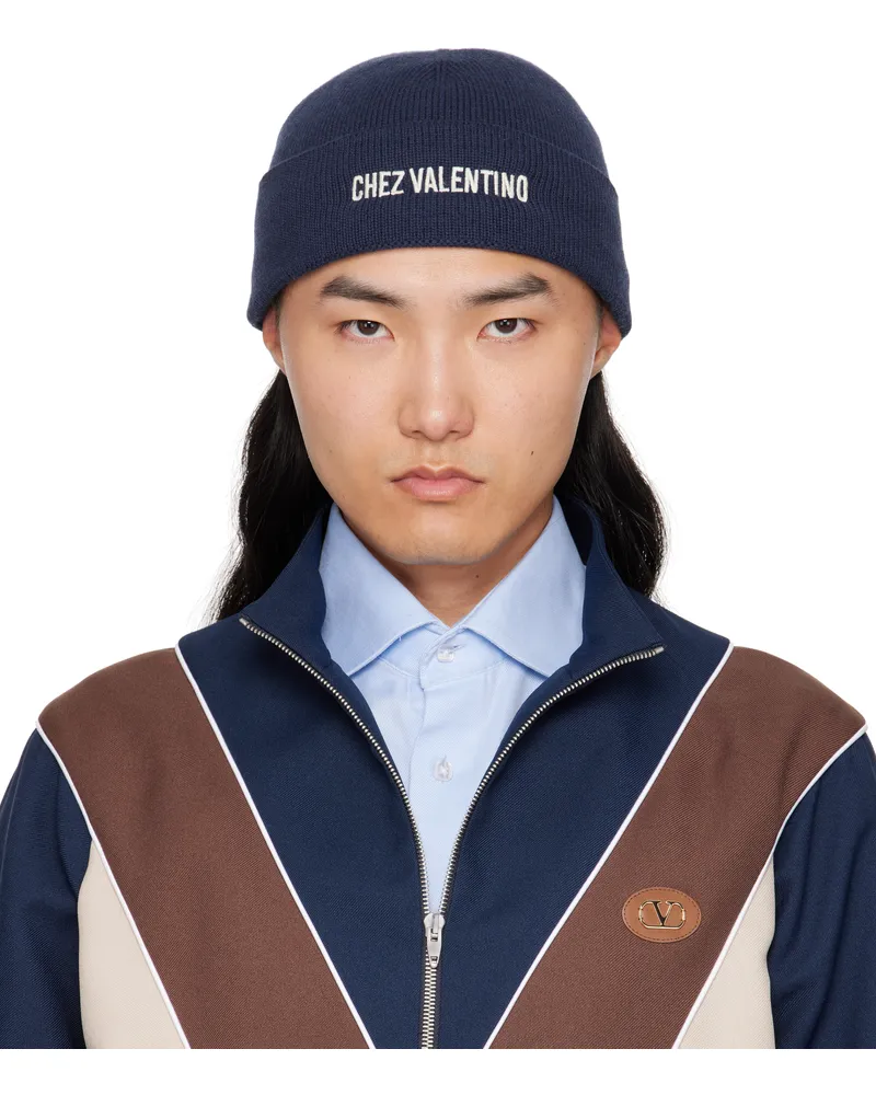 Valentino Garavani Navy 'Chez Valentino' Knitted Wool Beanie Aew