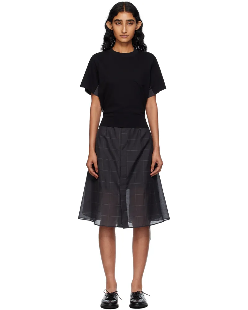 Sacai Black Glen Check & Cotton Jersey Midi Dress 001