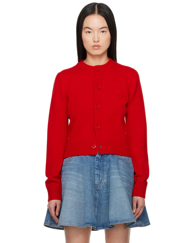 AMI Paris Red Wool Knit Ami de Coeur Crewneck Cardigan Coquelicot