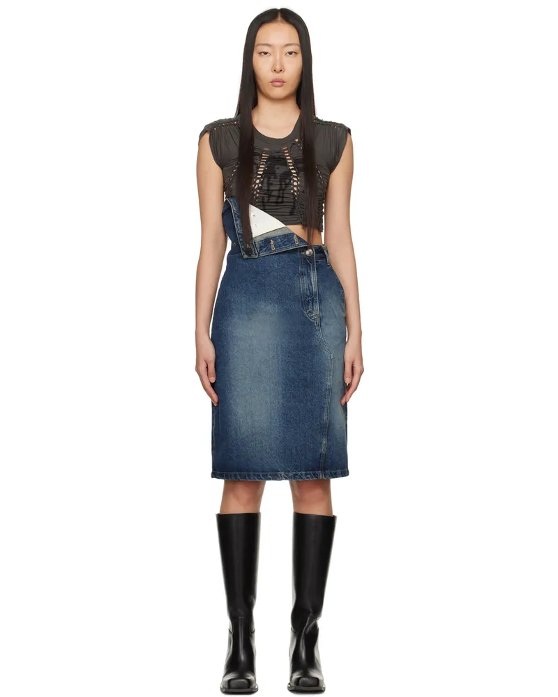lesugiatelier Blue Folded Denim Midi Skirt Blue
