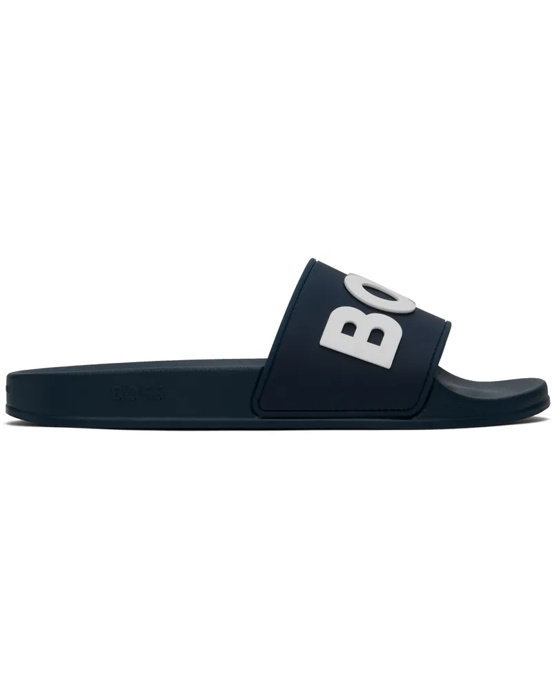 HUGO BOSS Navy Raised Logo Pool Slides 405-dark