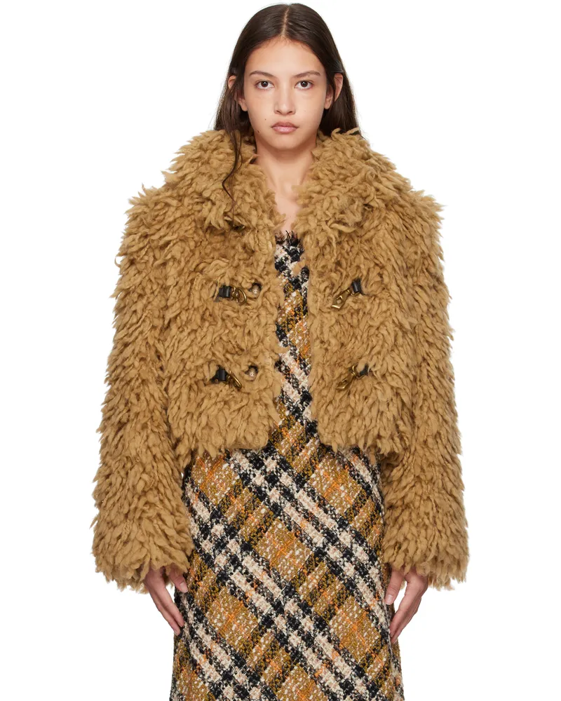 Burberry Tan Cropped Wool Blend Fringe Jacket Flax