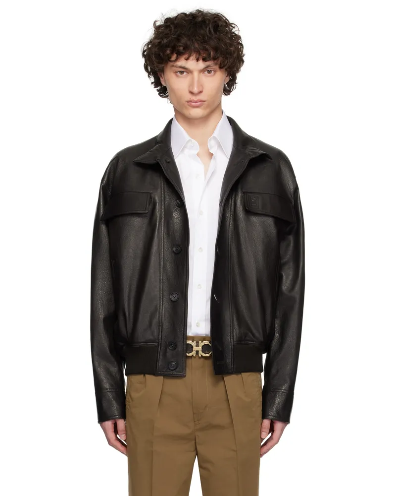Ferragamo Brown Grainy Leather Jacket Dark