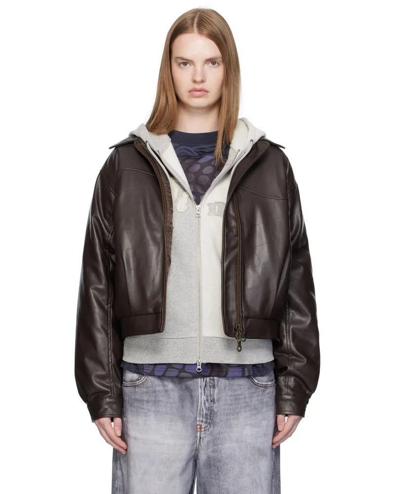 Dime Brown Debossed Wavy Faux-Leather Jacket Brown