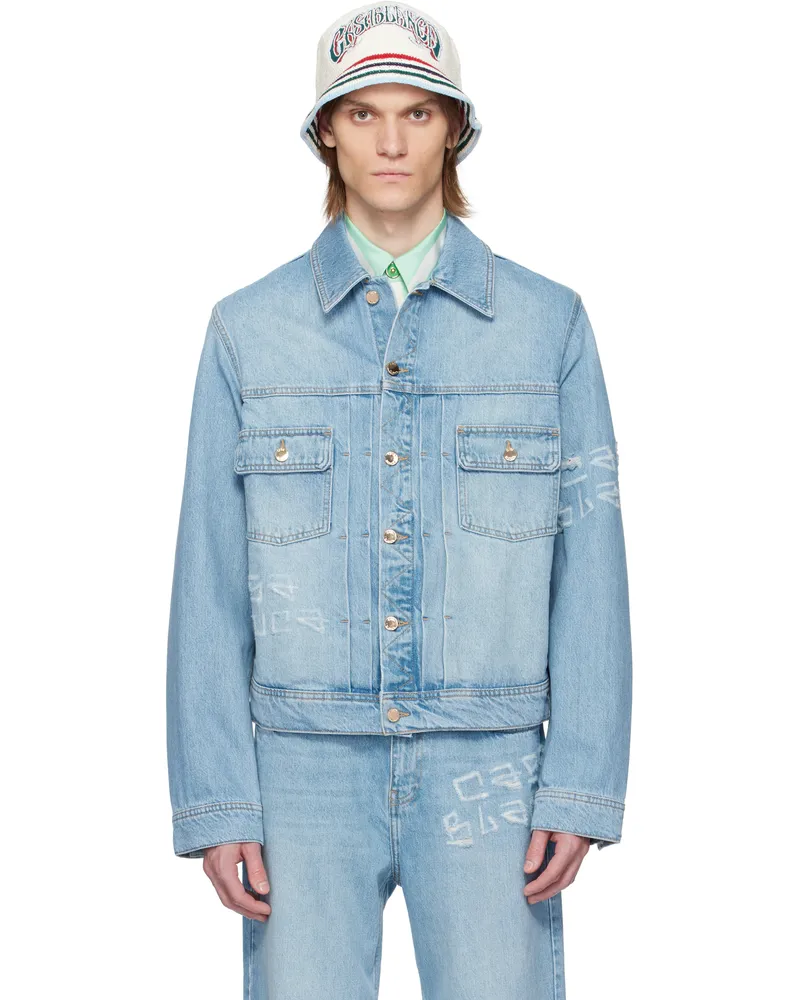 Casablanca Paris Blue Graffiti Distressed Denim Jacket Light