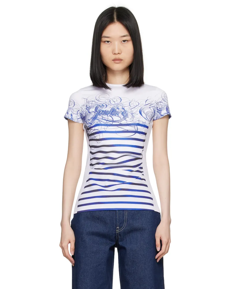 Jean Paul Gaultier White & Blue 'The Calligraphy Marinière' T-Shirt 0159-white