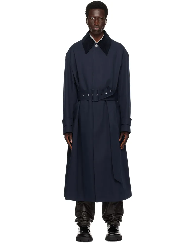 AMI Paris Navy Belted Mac Trench Coat Blue