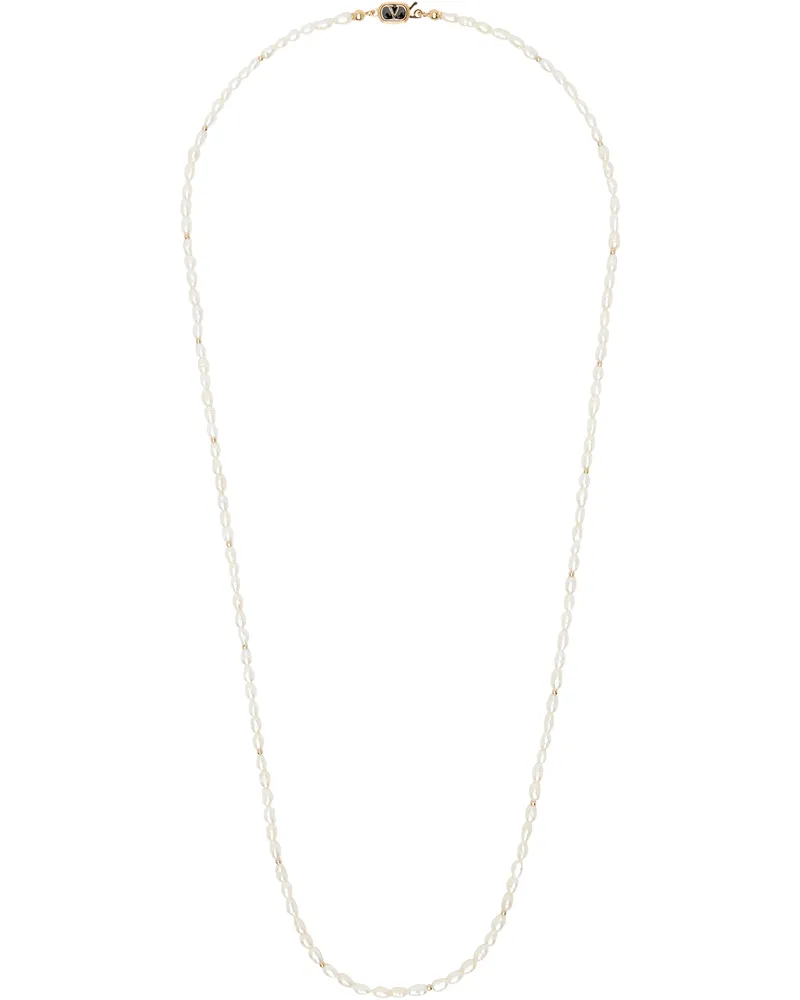 Valentino Garavani White & Gold VLogo Pearl Necklace Qyl