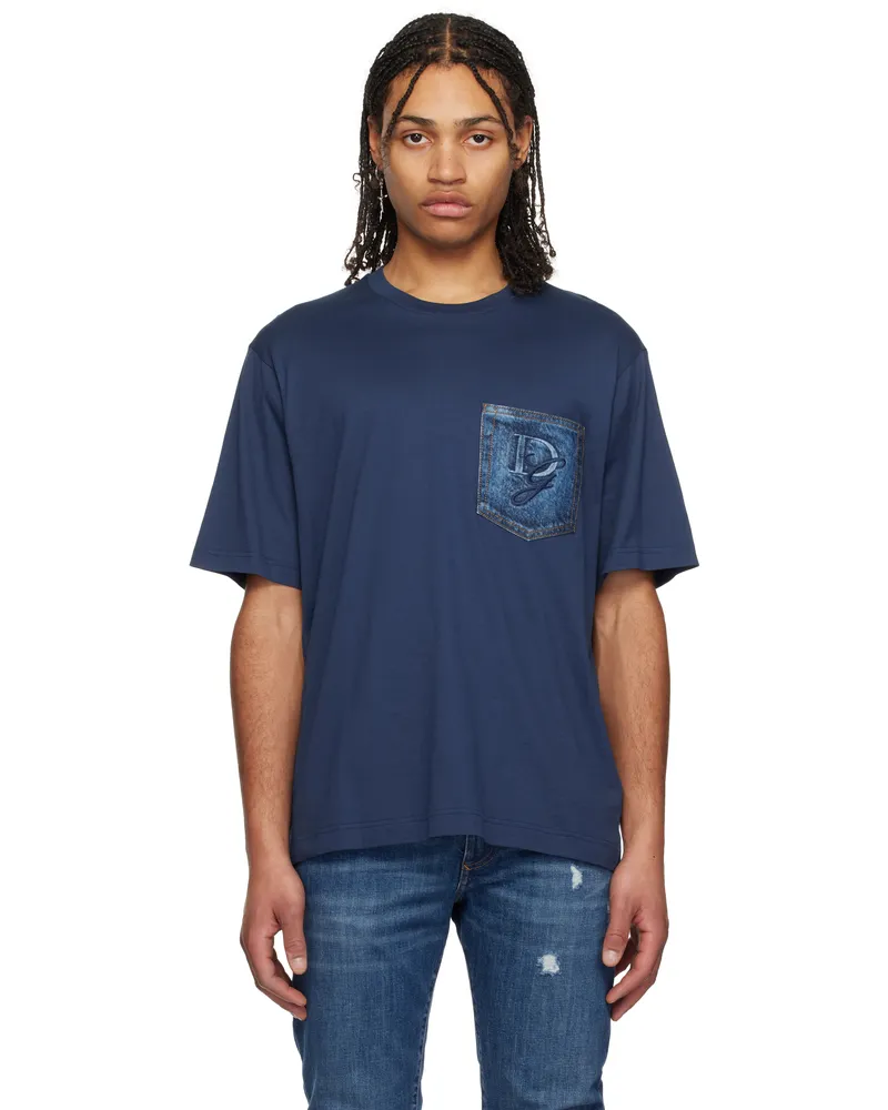 Dolce & Gabbana Navy Breast Pocket & Logo Embroidery Cotton T-shirt Petrolio
