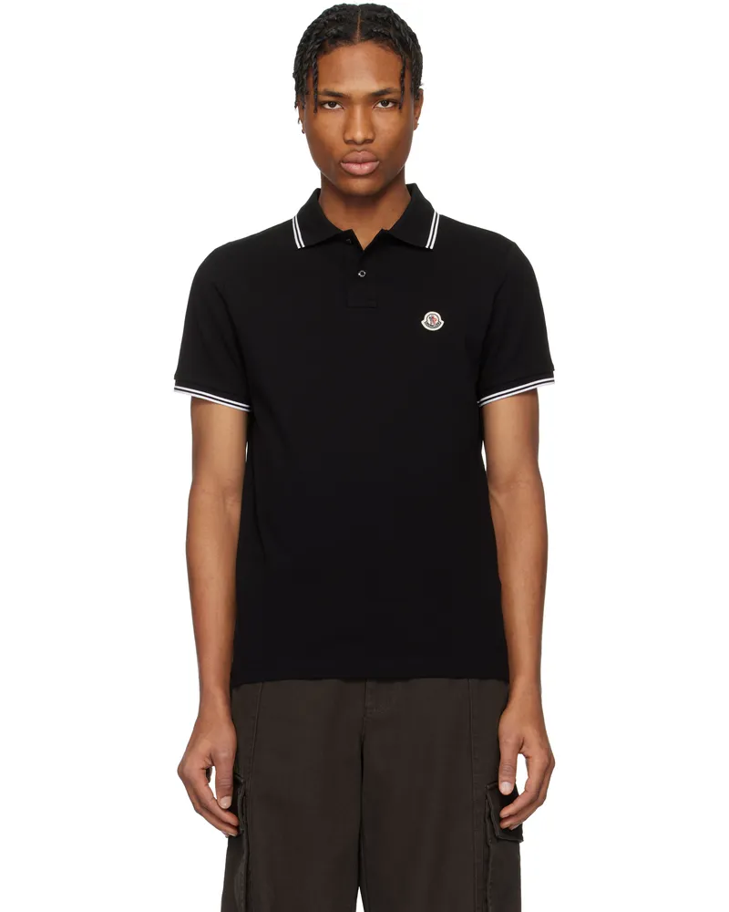 Moncler Black Striped Trim Cotton Piquet Polo 999