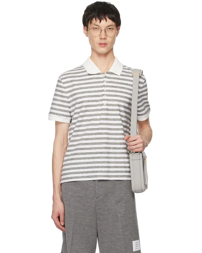 Thom Browne White & Gray Striped Short Sleeve Polo 055