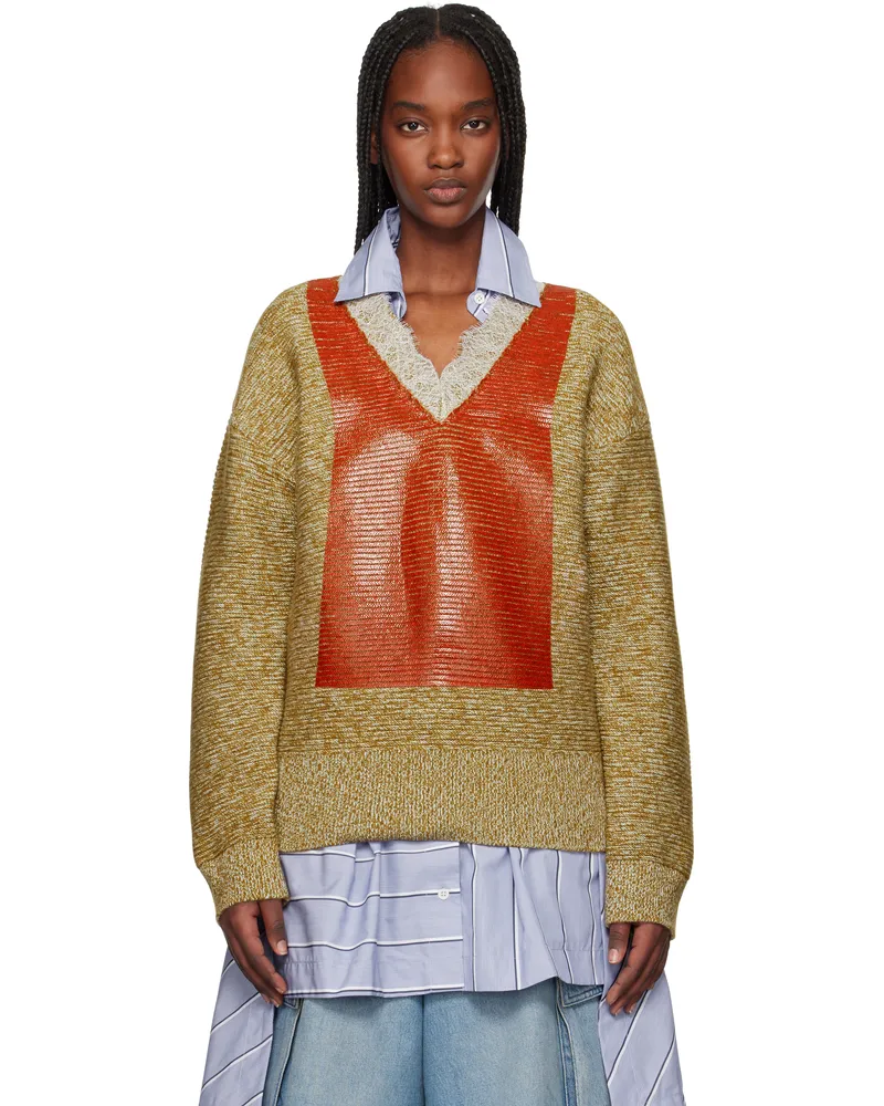 J.W.Anderson Tan & Orange V-Neck Lace Trim Sweater 068