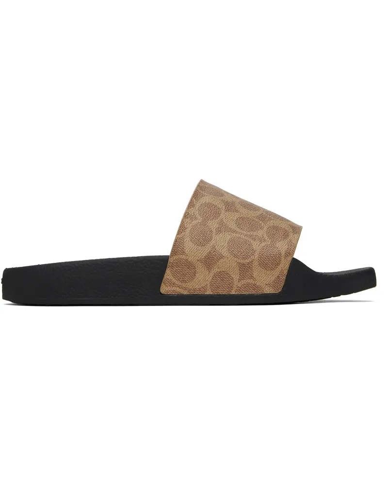 Coach Brown Coated Canvas Pool Slides Tan