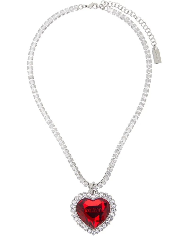 VETEMENTS Silver Crystal Heart Necklace Red