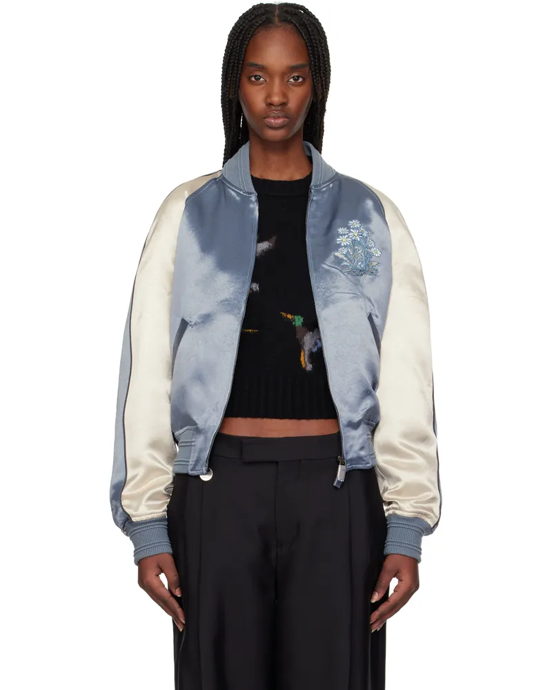 Burberry Blue & Off-White EKD Satin Bomber Jacket Flood
