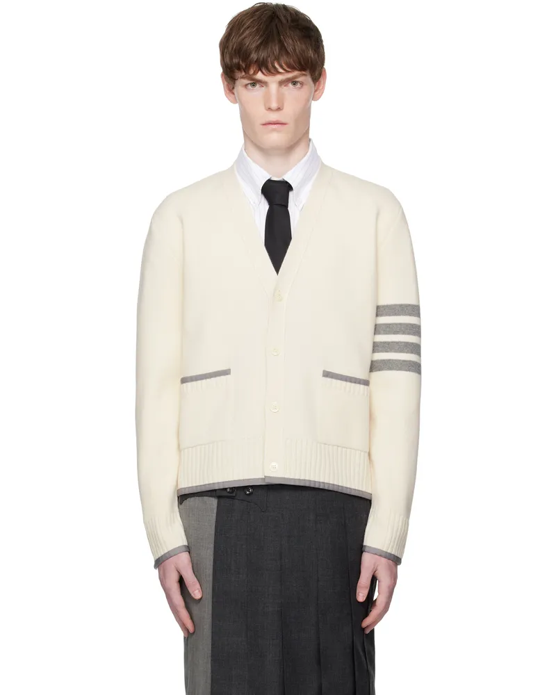 Thom Browne Off-White Milano Stitch Merino Wool 4-Bar V-Neck Cardigan 100white