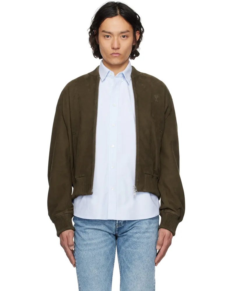 AMI Paris Khaki Zipped Suede Jacket 377