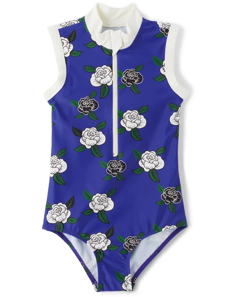Mini Rodini Kids Blue Rose Zip One-Piece Swimsuit Blue
