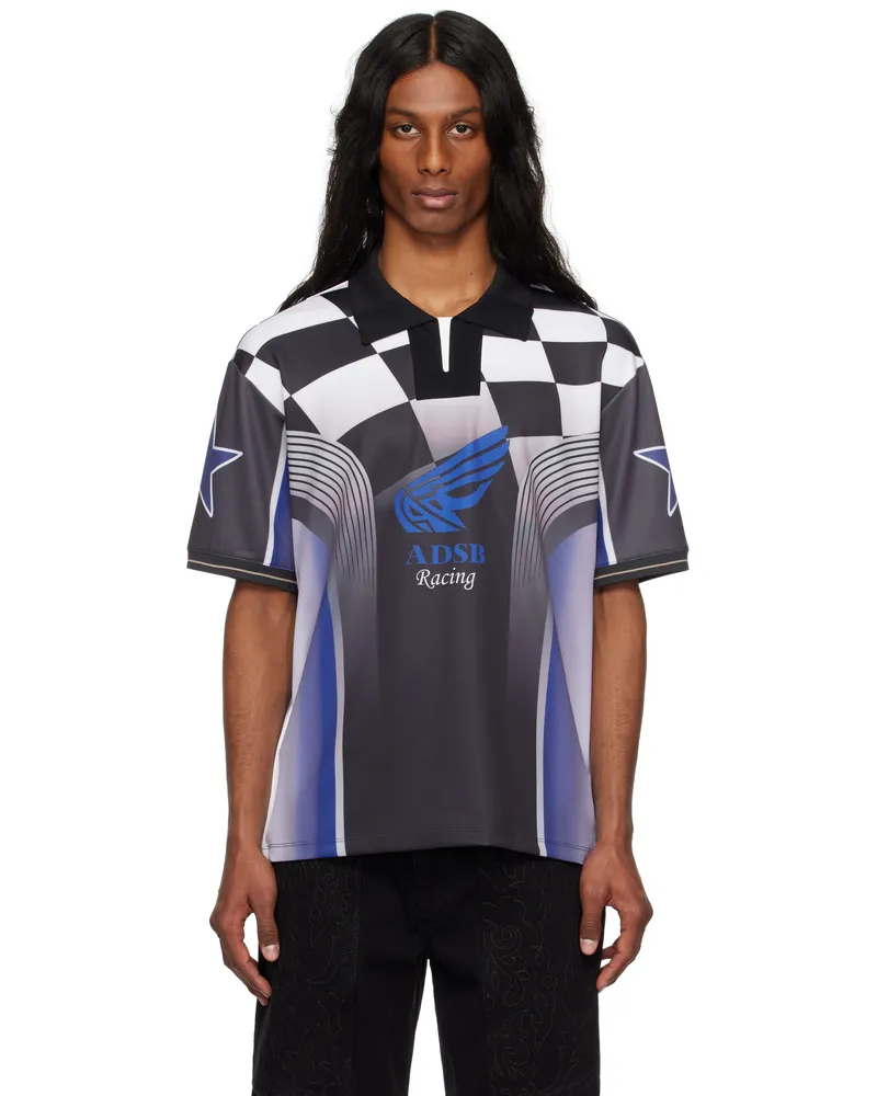 Andersson Bell Blue & Black Checkerboard Racing Polo Blue