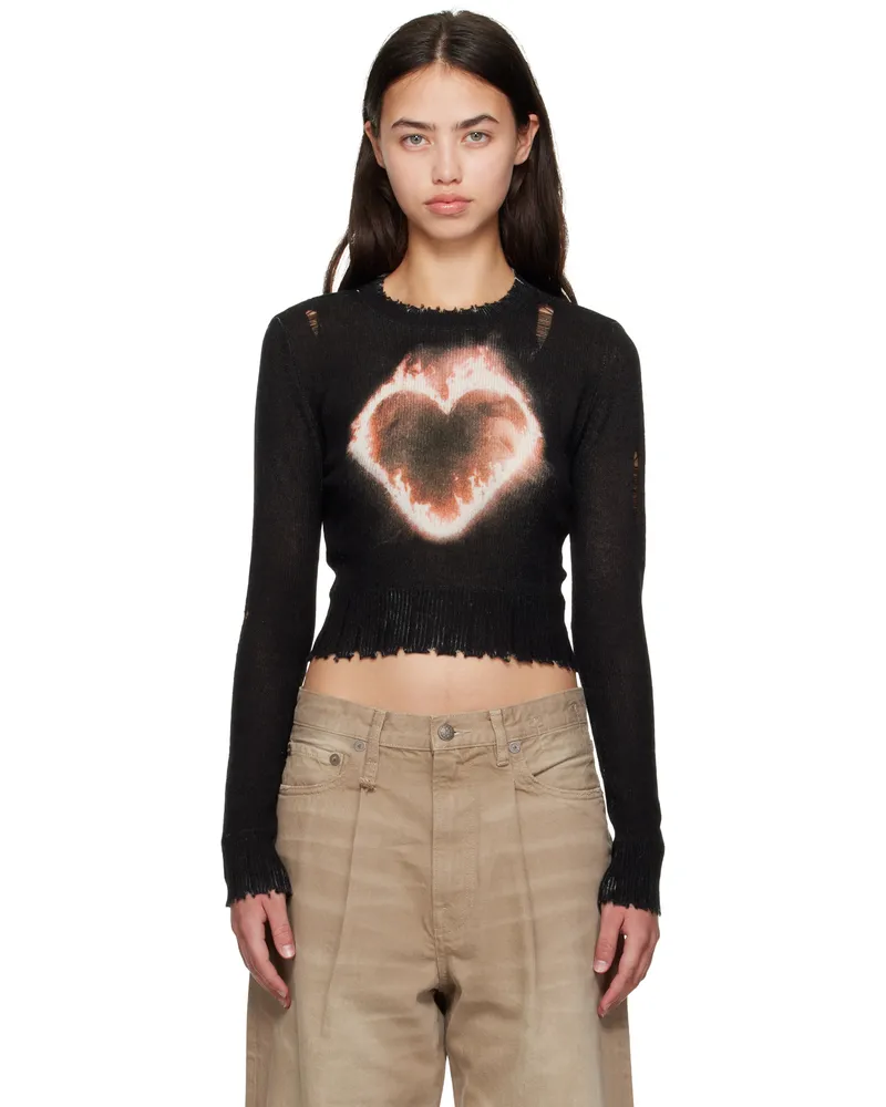 R13 SSENSE Exclusive Black Flaming Heart Baby Crewneck Sweater Flaming