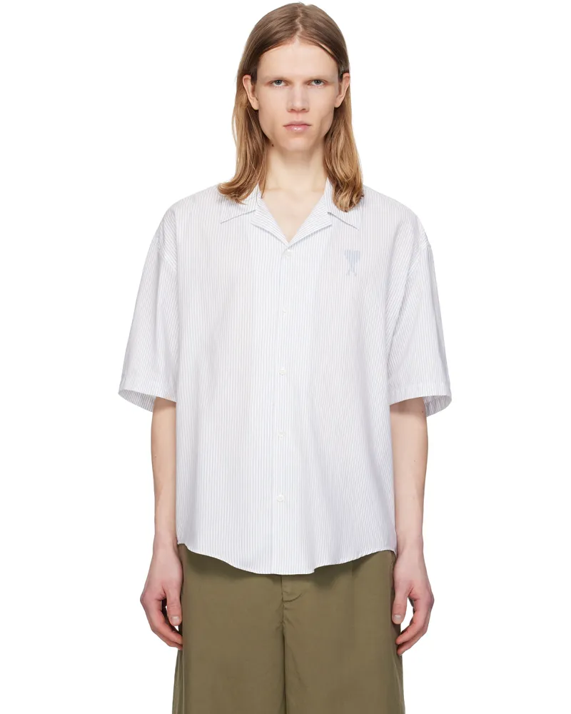 AMI Paris White & Blue Cotton Camp Collar Short Sleeves Shirt 1041