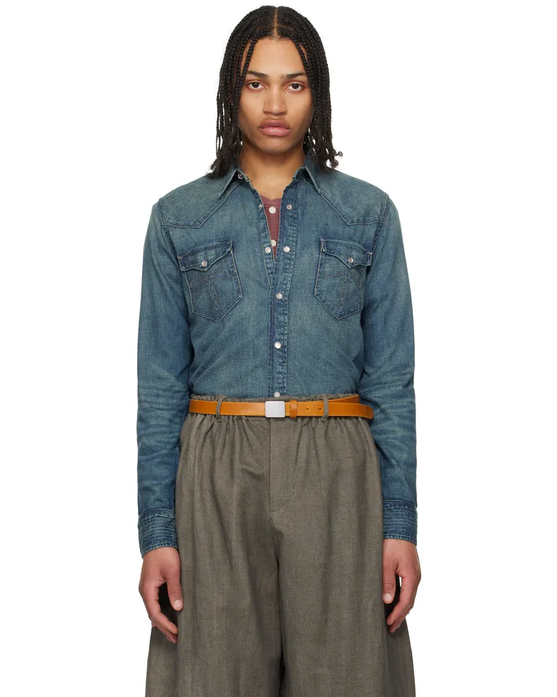 RRL Blue Slim Fit Western Denim Shirt Dark