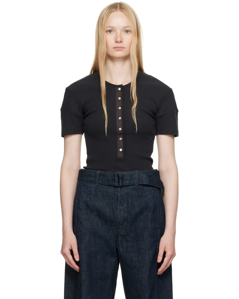 Christophe Lemaire Black Fitted Henley T-shirt Bk995