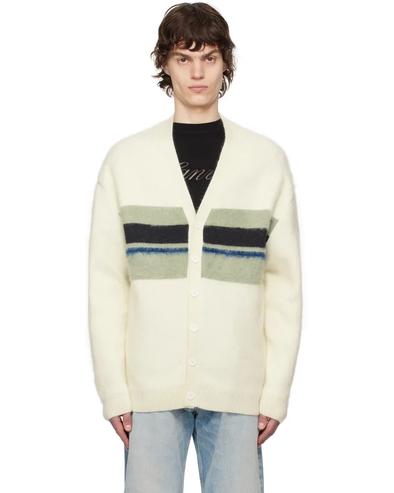 Lanvin Off-White & Green Striped Brushed Mohair Cardigan Ecru