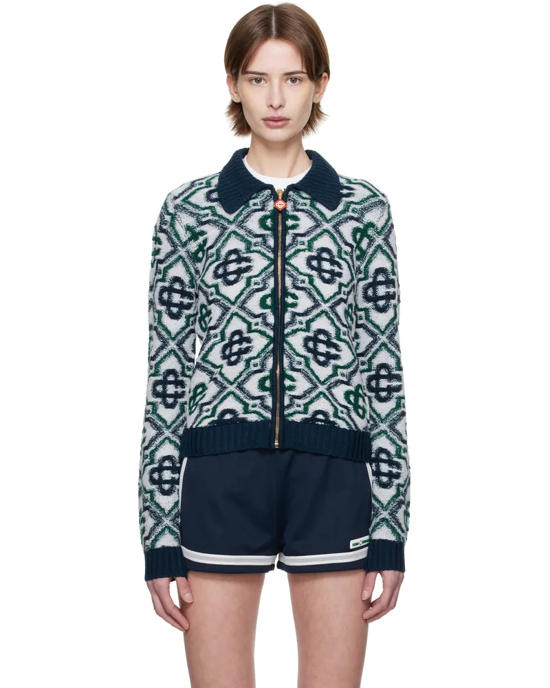 Casablanca Paris Multicolor Monogram Knit Zip Cardigan Green