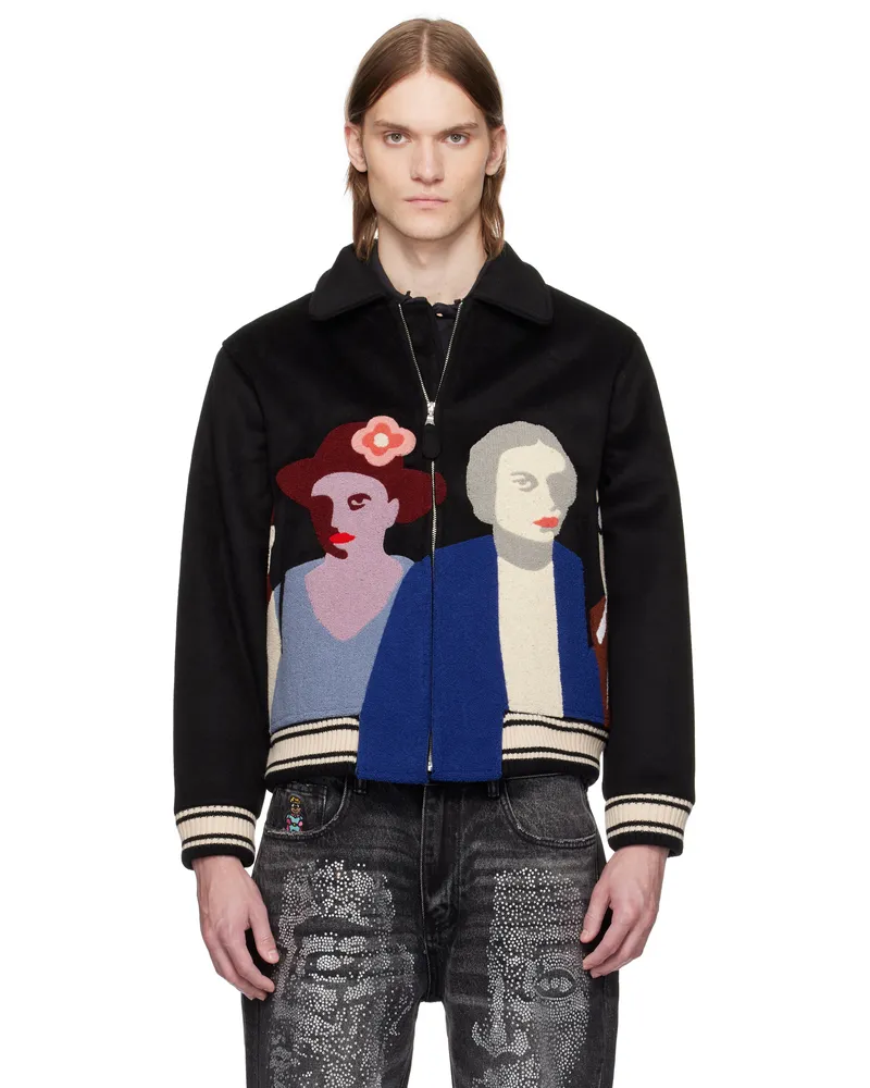 KidSuper Black Patchwork Portraits Wool Varsity Jacket Black
