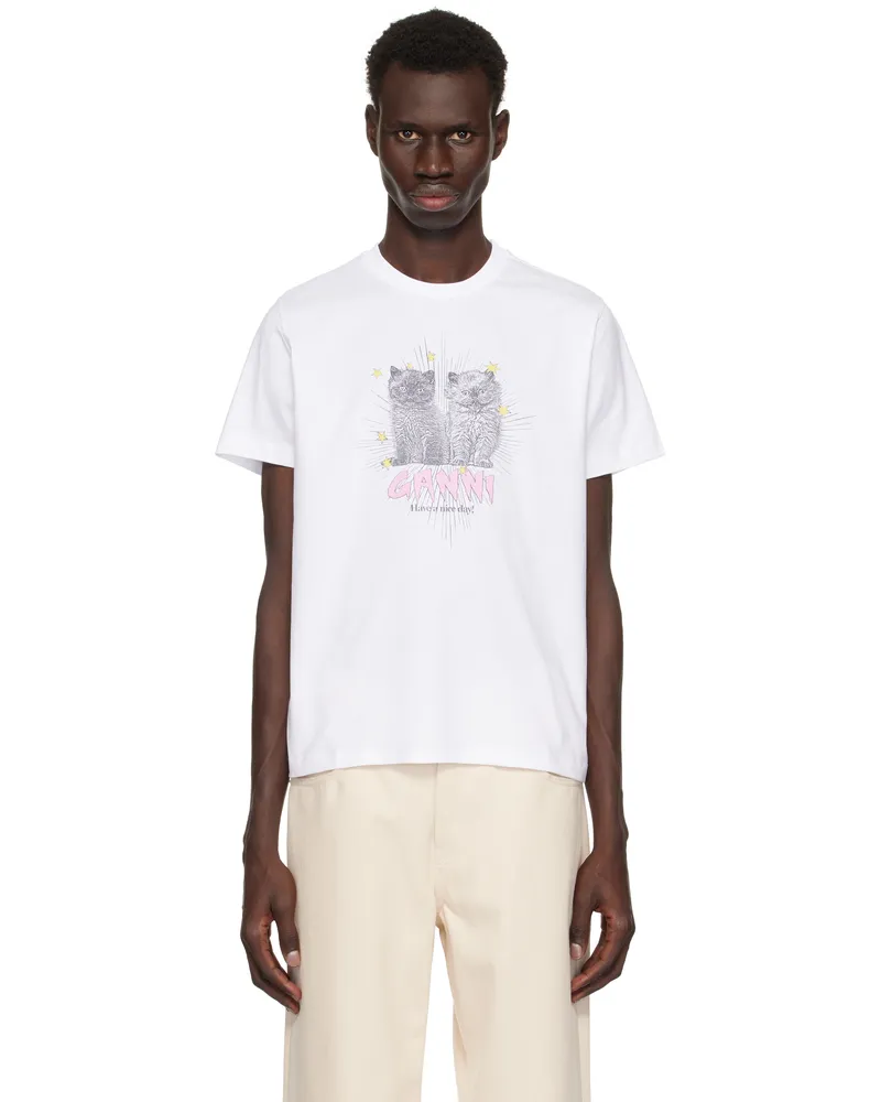 Ganni White Basic Jersey Kittens Relaxed T-shirt Bright