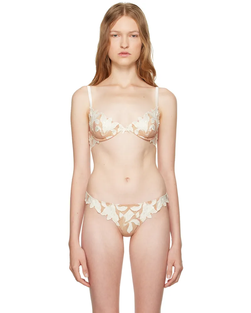 Fleur Du Mal Beige & White Lily Embroidery Plunge Demi Bra 0300