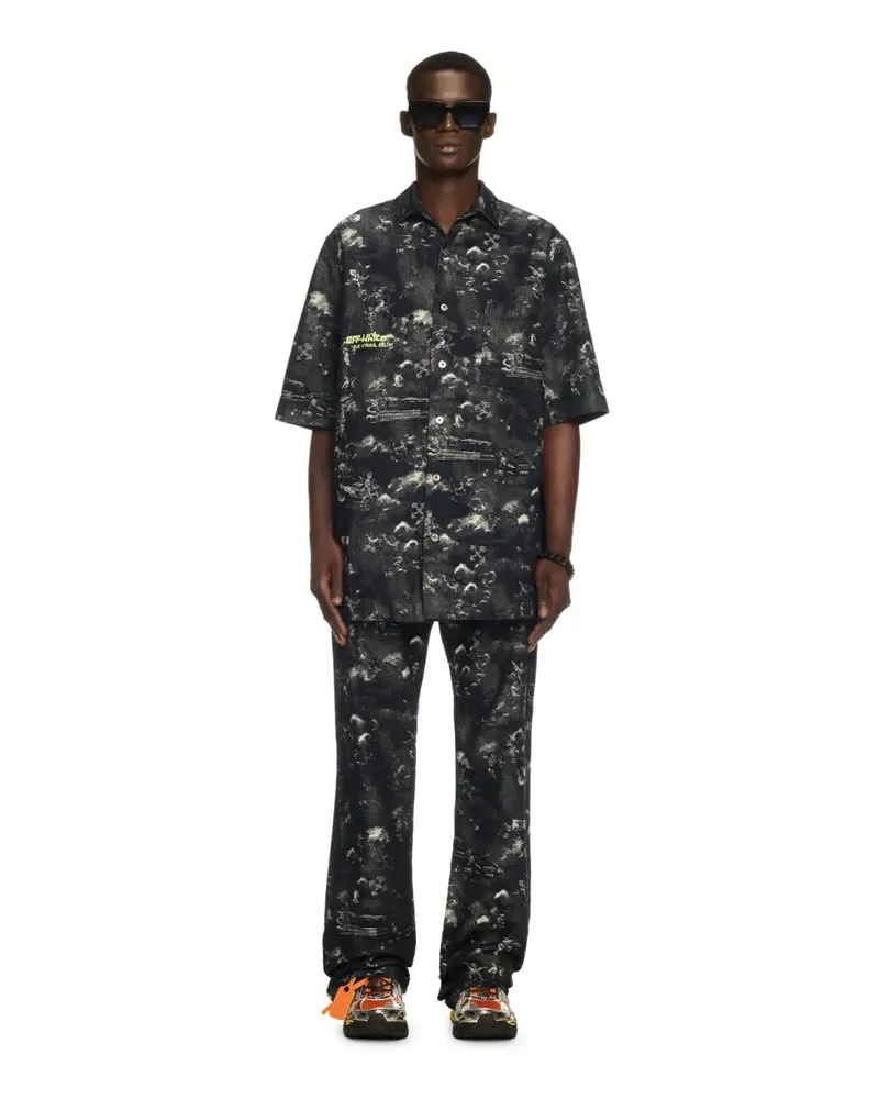 OFF-WHITE Schwarze Jacquard Bowlinghemd Blau